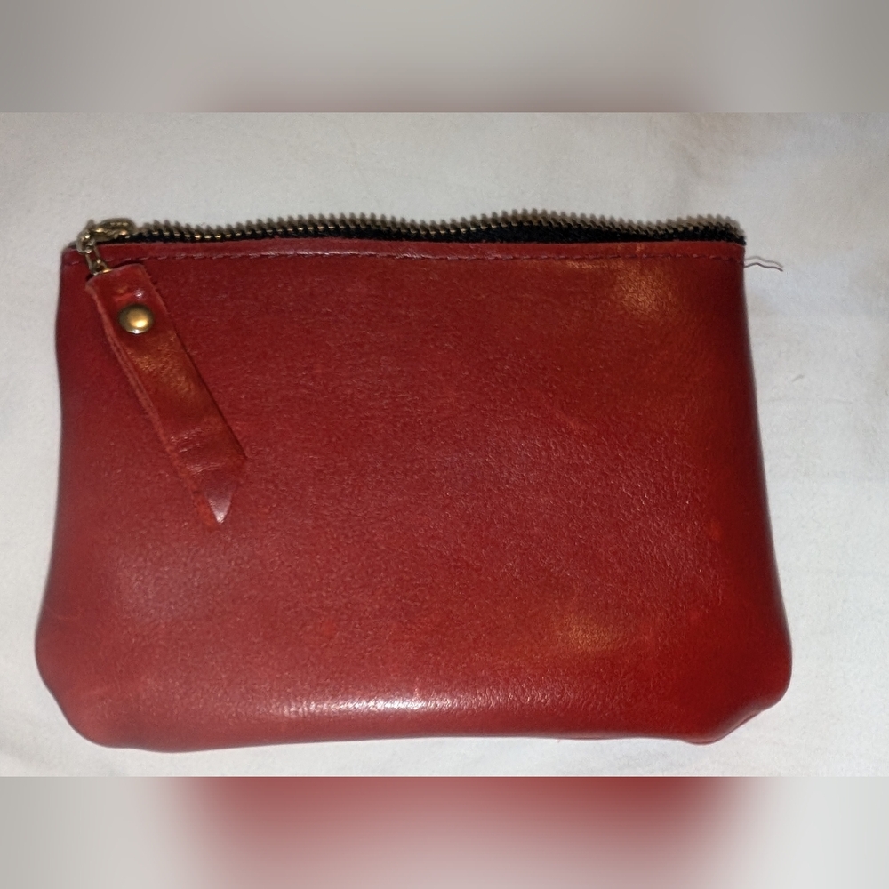 Red Leather Coin Credit Card Wallet with Zipper